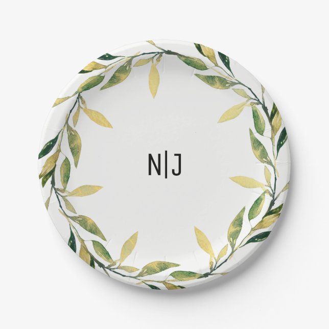 Gold Botanical Green Leaf Wreath Rustic Nature Paper Plates (Front)