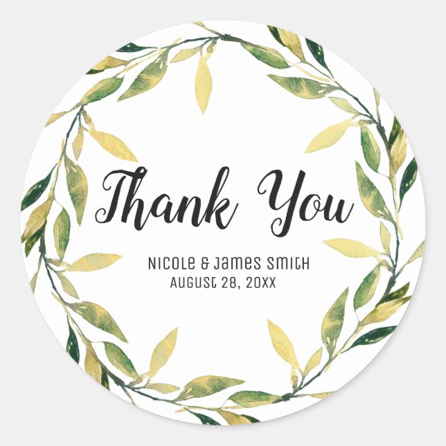 Gold Botanical Green Leaf Wreath Rustic Wedding Classic Round Sticker (Front)