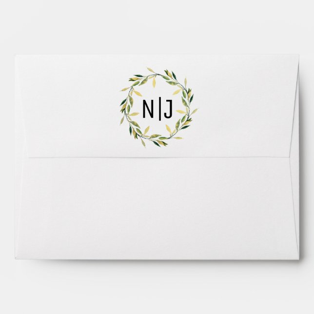 Gold Botanical Green Leaf Wreath Rustic Wedding Envelope (Back (Top Flap))