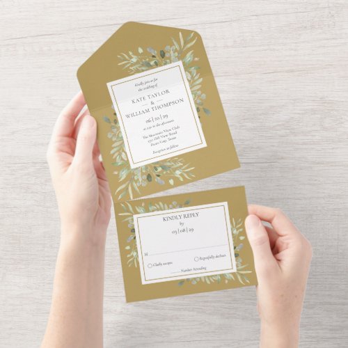 Gold Botanical Greenery Monogram Wedding All In One Invitation