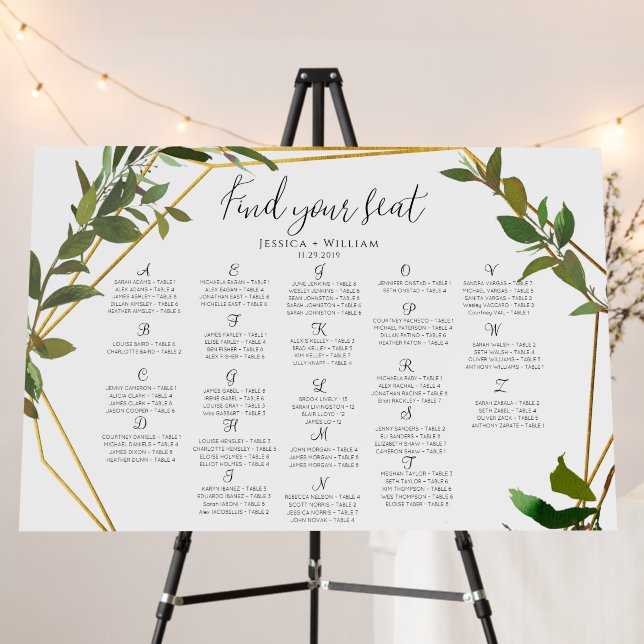 Gold Botanical Greenery Wedding Seating Chart Foam Board (In Situ (Stand))