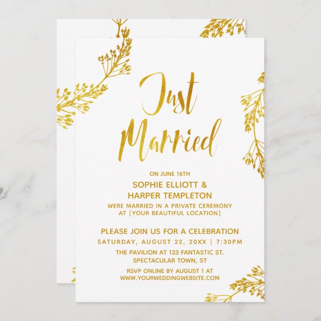 Gold Botanical Just Married Post Wedding Event Invitation (Front/Back)