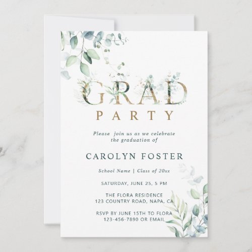 Gold Botanical Letter Graduation Party Photo Invitation