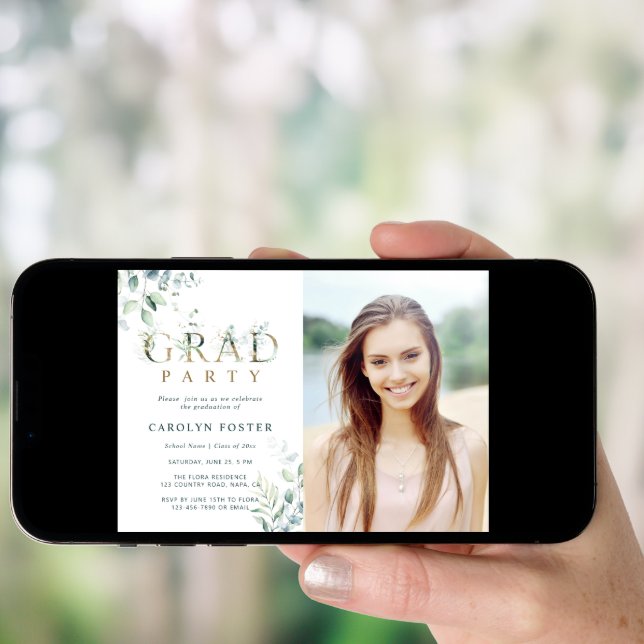 Gold Botanical Letter Graduation Party Photo Invitation (Front Digital)