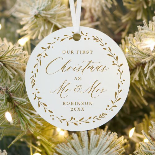 Gold Botanical Mr  Mrs Our First Christmas Metal Ornament