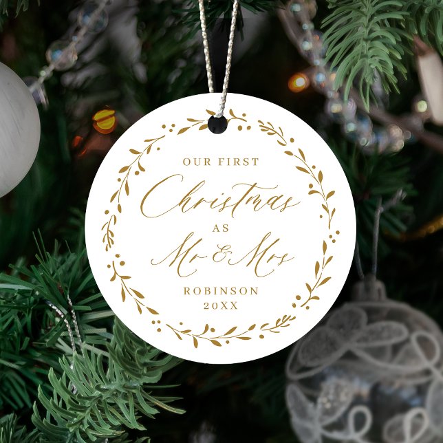 Gold Botanical Mr & Mrs Our First Christmas Metal Ornament (Gold Botanical Mr & Mrs Our First Christmas Metal Ornament)