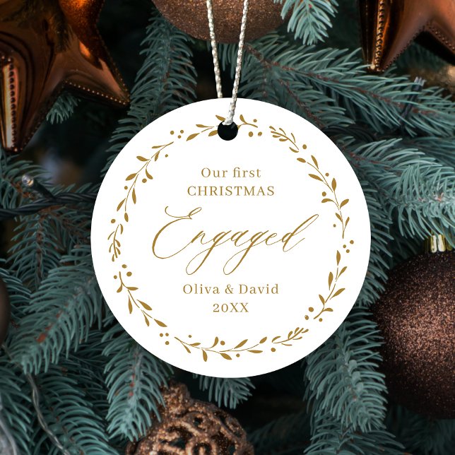 Gold Botanical Our First Christmas Engaged Metal Ornament (Gold Botanical Our First Christmas Engaged Metal Ornament)