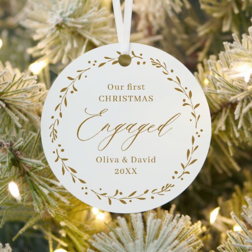 Gold Botanical Our First Christmas Engaged Metal Ornament