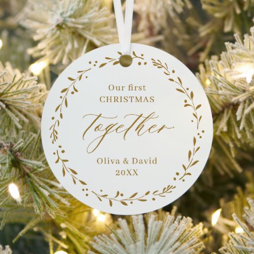 Gold Botanical Our First Christmas Together Metal Ornament