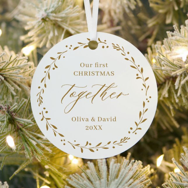 Gold Botanical Our First Christmas Together Metal Ornament (Insitu)