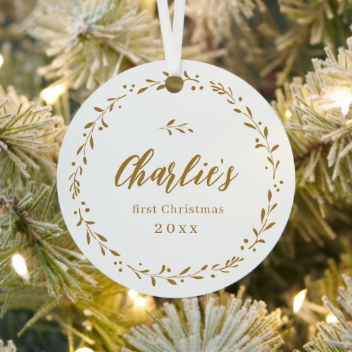 Gold Botanical Personalized Babys First Christmas Metal Ornament