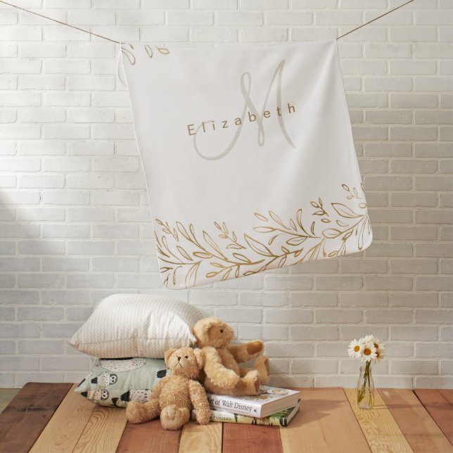 Gold botanical personalized name and monogram baby blanket (In Situ)