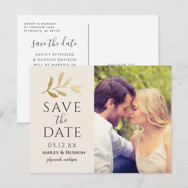 Gold Botanical Photo Save the Date Announcement Postcard (Front/Back)