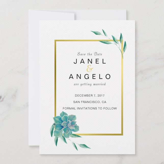 Gold Botanical Succulent Save the Date invitation (Front)
