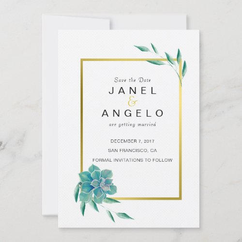 Gold Botanical Succulent Save the Date invitation