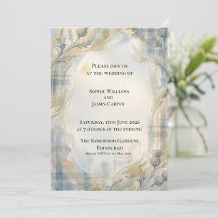 Gold Botanical Thistle Oval Tartan Scottish Weddin Invitation
