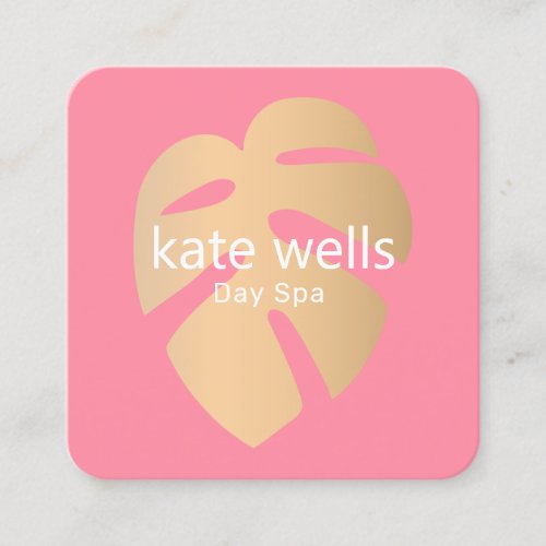 Gold Botanical Tropical Leaf  Pink Beauty Spa Square Business Card