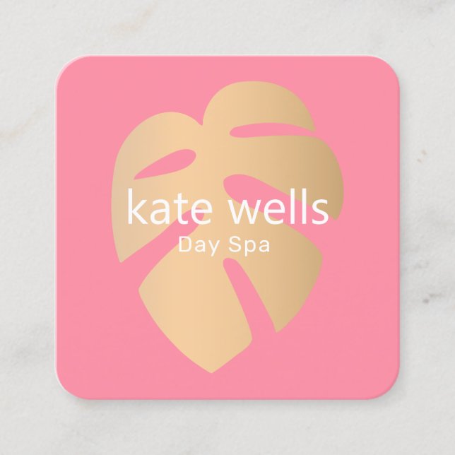 Gold Botanical Tropical Leaf  Pink Beauty Spa Square Business Card (Front)