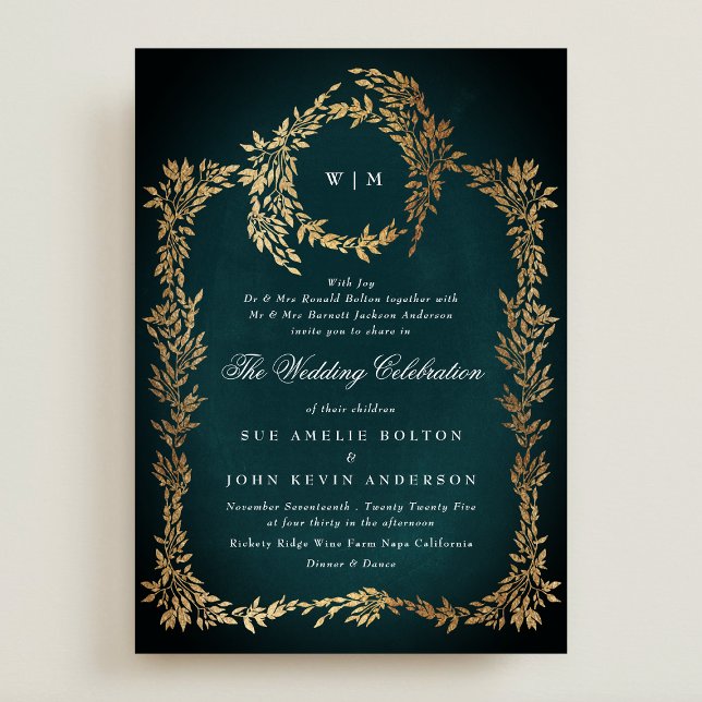 Gold Botanical Wedding Frame Classic Emerald Green Invitation (Creator Uploaded)