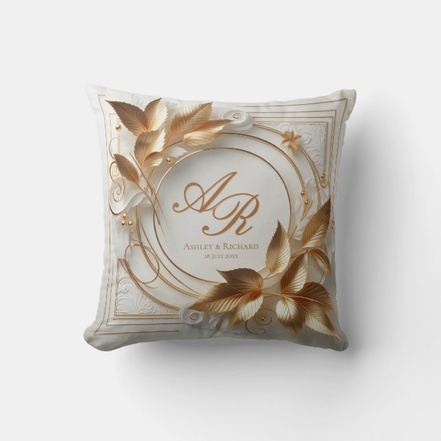 Gold Botanical Wedding Monogram Throw Pillow (Front)