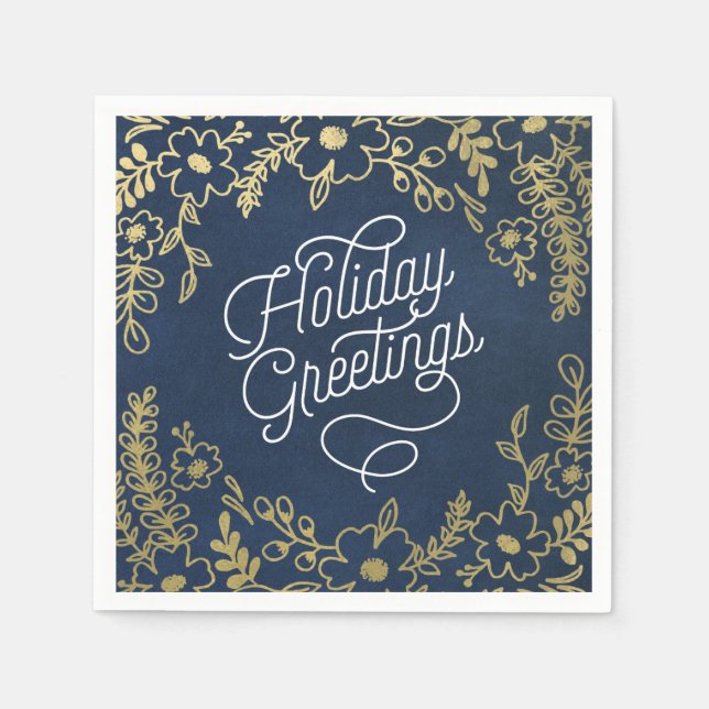 Gold Botanicals Holiday Greetings Paper Napkins (Front)