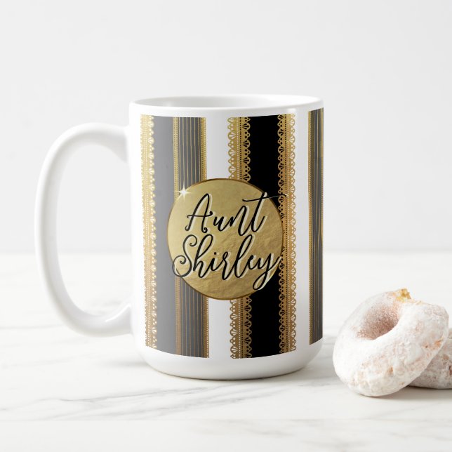 Gold Bougie Stripes Personalized Coffee Mug (With Donut)
