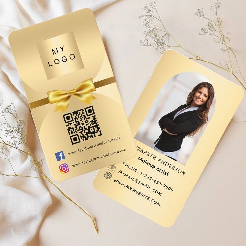 Gold bow arch photo Qr social media Business Card