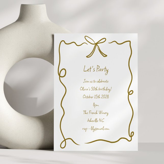 Gold Bow Birthday Party Coquette Wavy Border Invitation (Creator Uploaded)