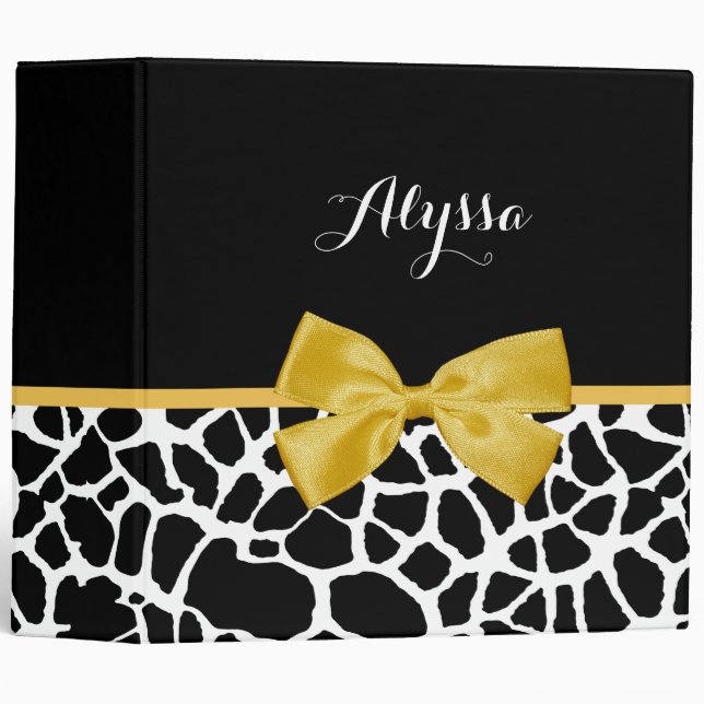 Gold Bow Black and White Giraffe Print With Name 3 Ring Binder (Front/Spine)
