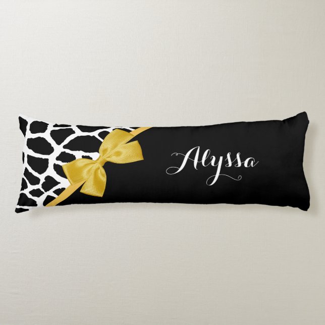 Gold Bow Black and White Giraffe Print With Name Body Pillow (Front)