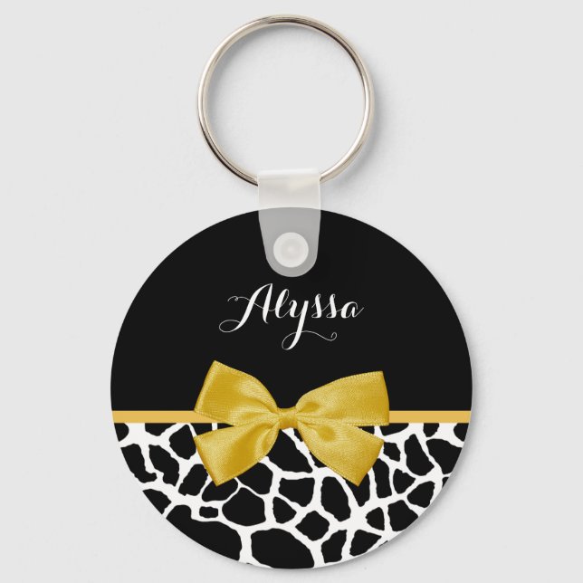 Gold Bow Black and White Giraffe Print With Name Keychain (Front)