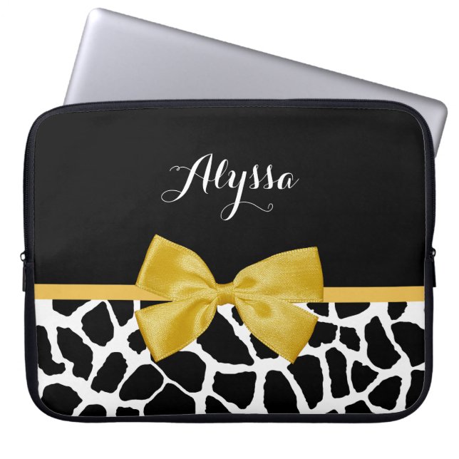 Gold Bow Black and White Giraffe Print With Name Laptop Sleeve (Front)