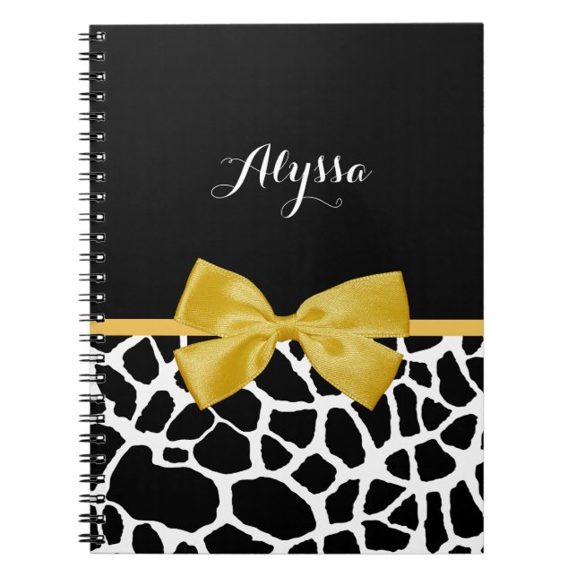 Gold Bow Black and White Giraffe Print With Name Notebook (Front)