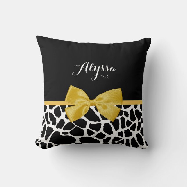 Gold Bow Black and White Giraffe Print With Name Throw Pillow (Front)