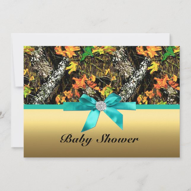 Gold Bow Camo Baby Shower Party Invitation (Front)