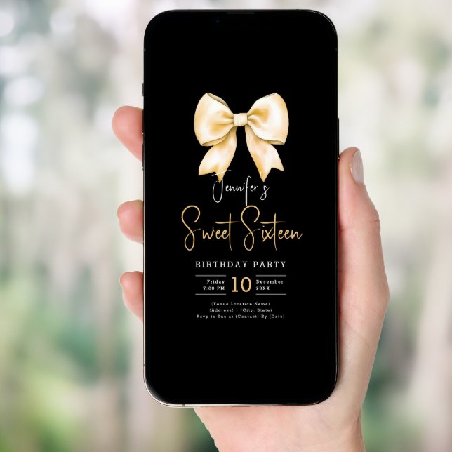 Gold Bow Coquette Script Sweet 16 Party Black Invitation (Front Digital)