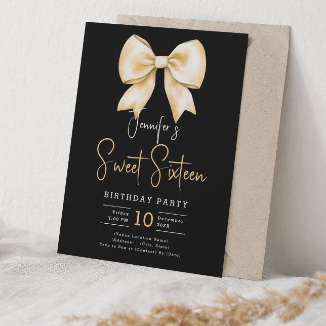 Gold Bow Coquette Script Sweet 16 Party Black Invitation (Gold Bow Coquette Script Sweet 16 Party Black Invitation)