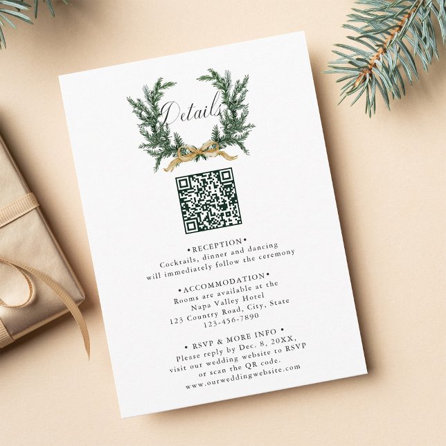 Gold Bow & Evergreen Pine Wreath Wedding Details Enclosure Card (Creator Uploaded)