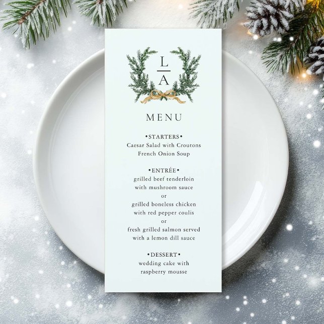 Gold Bow & Evergreen Wreath Mint Wedding Menu (Creator Uploaded)