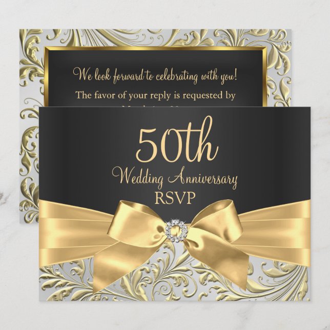 Gold Bow & Floral Swirl 50th Anniversary RSVP Invitation (Front/Back)