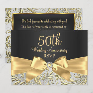 Gold Bow & Floral Swirl 50th Anniversary RSVP Invitation
