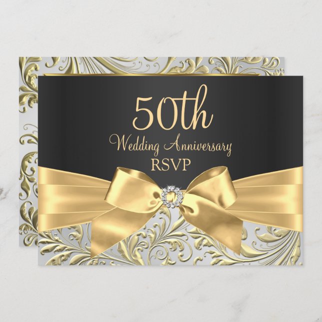 Gold Bow & Floral Swirl 50th Anniversary RSVP Invitation (Front/Back)