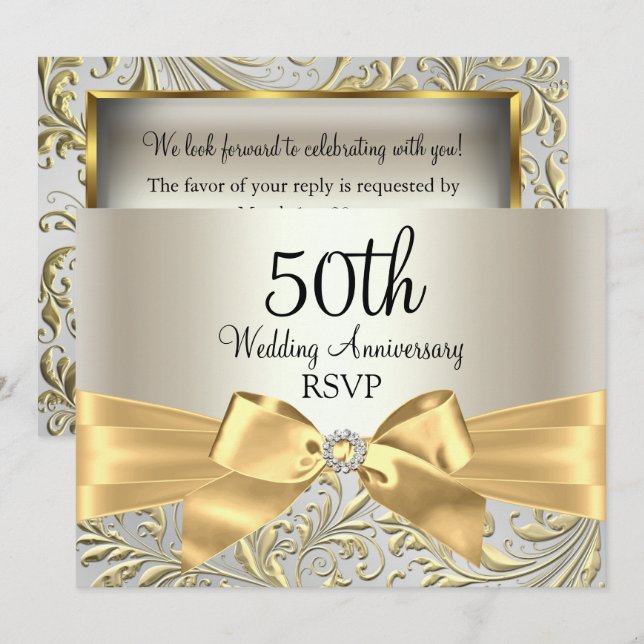 Gold Bow & Floral Swirl 50th Anniversary RSVP Invitation (Front/Back)