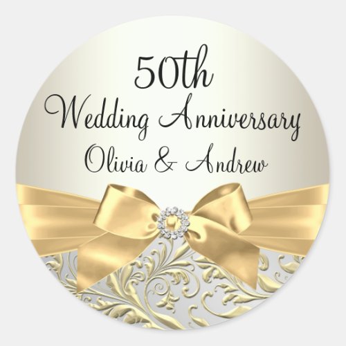 Gold Bow  Floral Swirl 50th Anniversary Sticker