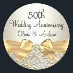 Gold Bow & Floral Swirl 50th Anniversary Sticker<br><div class="desc">50th Wedding Anniversary Sticker. Elegant gold diamond bow & floral swirl design. Please note: All flat images! They do not have real jewels!</div>