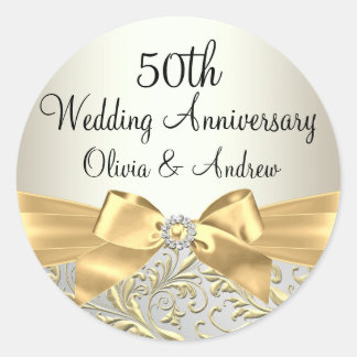 Gold Bow & Floral Swirl 50th Anniversary Sticker