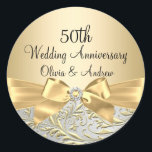 Gold Bow Floral Swirl 50th Anniversary Sticker<br><div class="desc">50th Wedding Anniversary Sticker. Elegant gold diamond bow & floral swirl design. Please note: All flat images! They do not have real jewels!</div>