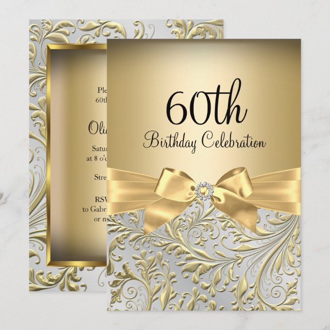 Gold Bow Floral Swirl 60th Birthday Party Invitation (Front/Back)