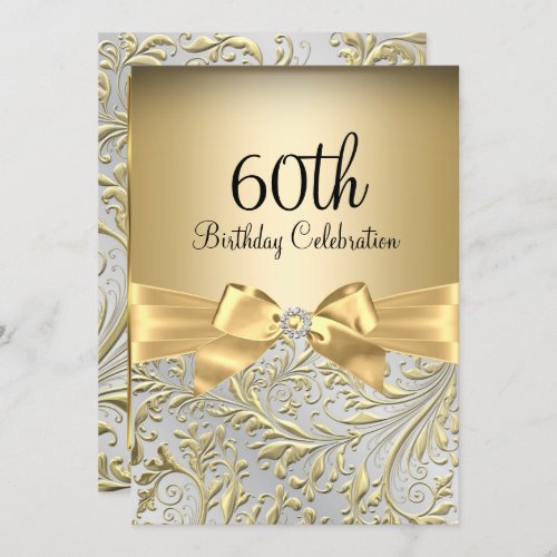 Gold Bow Floral Swirl 60th Birthday Party Invitation