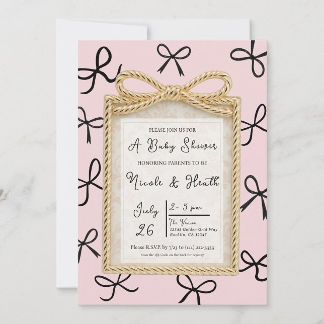 Gold Bow Frame & Little Black Bows Baby Shower  Invitation (Front)